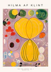 A poster featuring 'The Ten Largest No. 7' by Hilma af Klint with abstract organic shapes, geometric lines, and symbols in vibrant colors on a purple background.