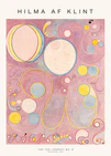 A poster featuring 'The Ten Largest No.8' painting by Hilma af Klint, with abstract designs, circles, and organic forms in pastel colors on a purple background.