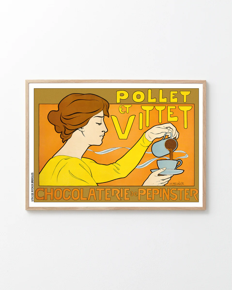 Vintage-style poster of a woman pouring coffee with 'Pollet et Vitet' branding.