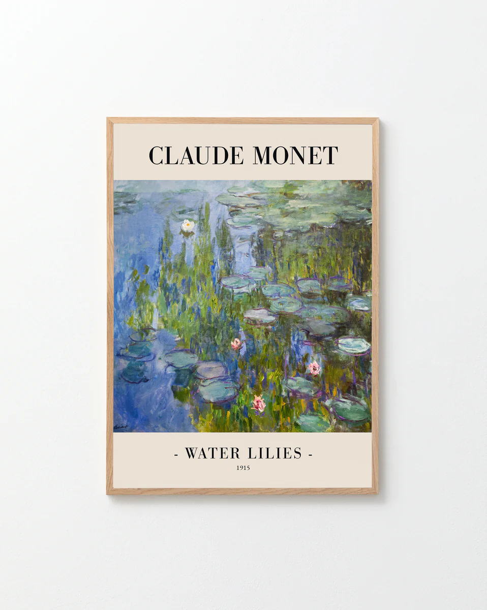 The Water Lilies by Claude Monet 1915 Poster captures French Impressionisms essence, showcasing pink water lilies on reflective blue water, with Claude Monet at the top and Water Lilies 1915 elegantly noted at the bottom.