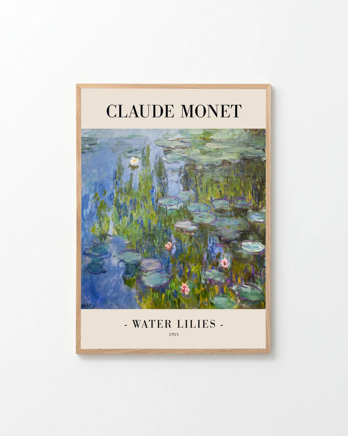 The Water Lilies by Claude Monet 1915 Poster captures French Impressionisms essence, showcasing pink water lilies on reflective blue water, with Claude Monet at the top and Water Lilies 1915 elegantly noted at the bottom.