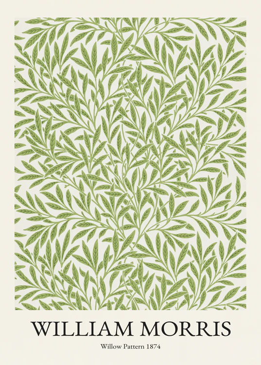 The William Morris Pattern 1874 Poster showcases an intricate design of green willow leaves and delicate wildflowers on a cream background, creating an elegant and natural motif.