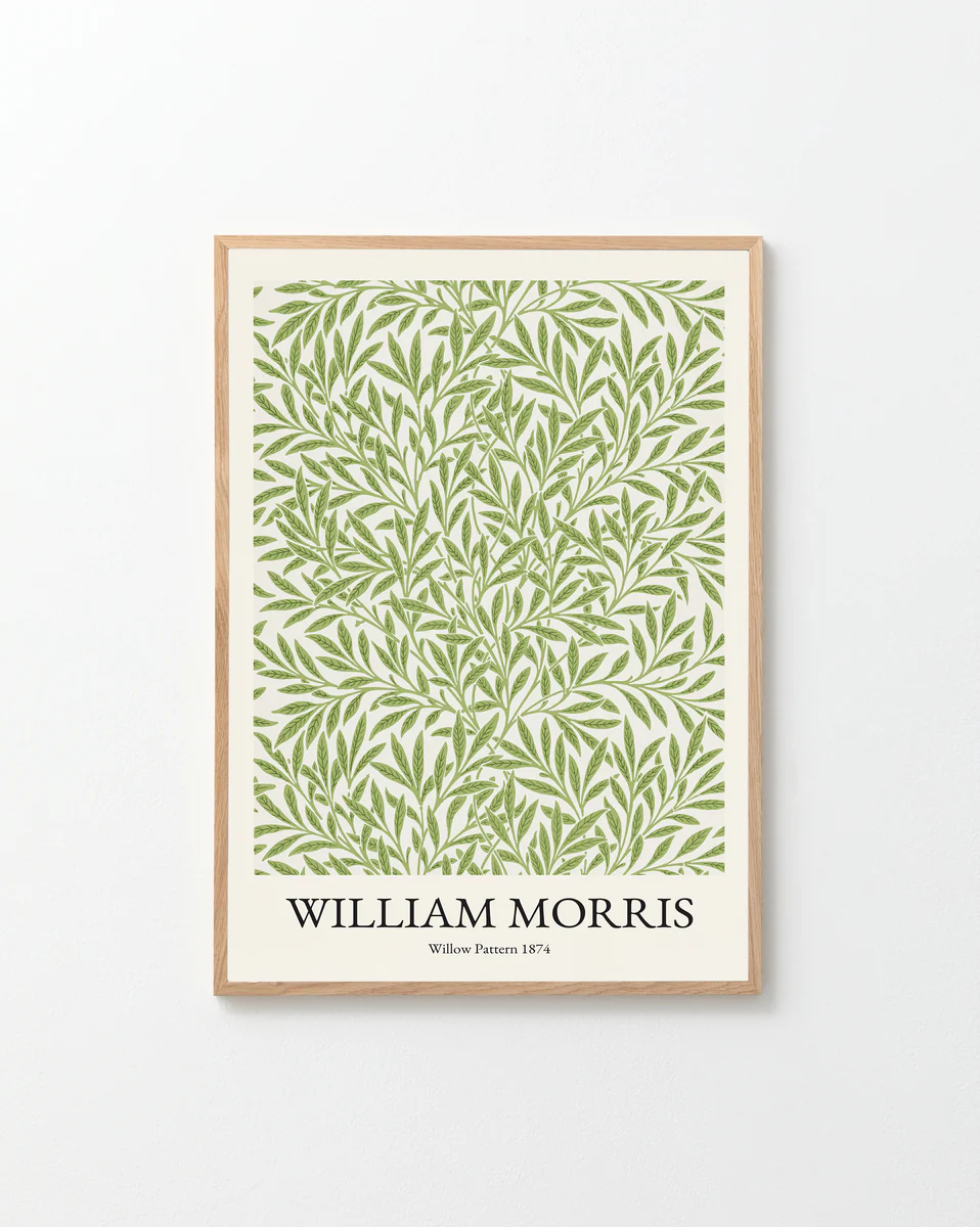 The William Morris Pattern 1874 Poster captures Victorian elegance with its detailed, repeating design of green leaves against a pale backdrop.