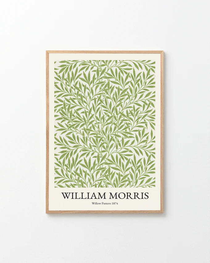 The William Morris Pattern 1874 Poster captures Victorian elegance with its detailed, repeating design of green leaves against a pale backdrop.