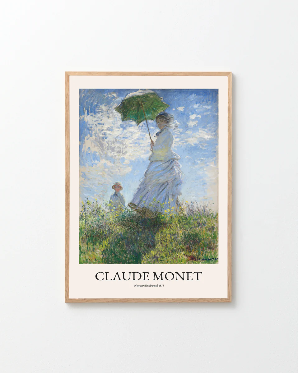The Woman with a Parasol by Claude Monet Poster captures Impressionism beautifully, showing a woman in a white dress with a green parasol, accompanied by a child under the vast blue sky.