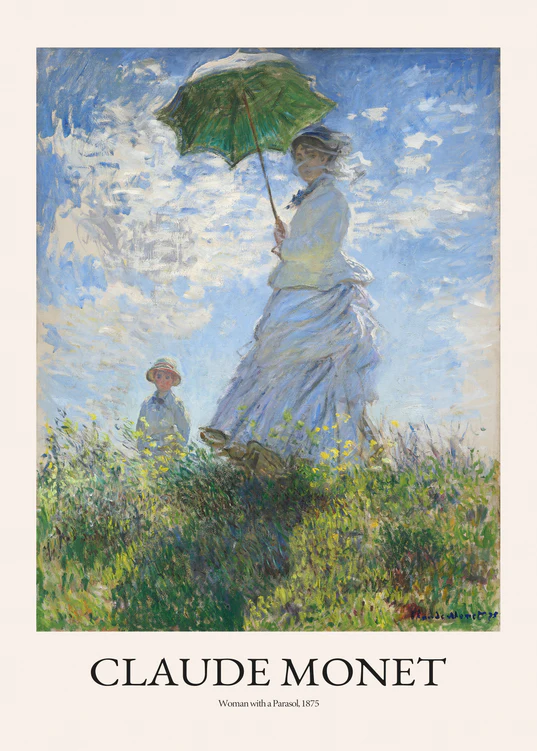 The Woman with a Parasol by Claude Monet Poster features an Impressionist scene of a woman in a white dress holding a green parasol on grassy terrain, with a child in the background under a blue sky dotted with clouds.