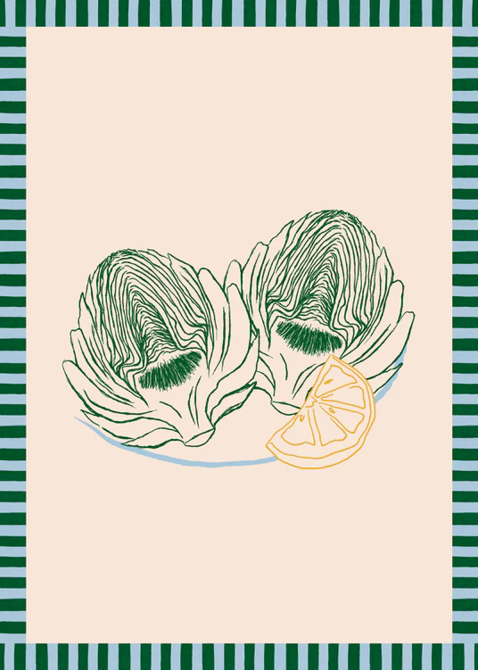 Les Artichauts Poster features a digital drawing of two artichoke halves with a lemon wedge, reminiscent of a French market day, set against a beige background with a green and white striped border.