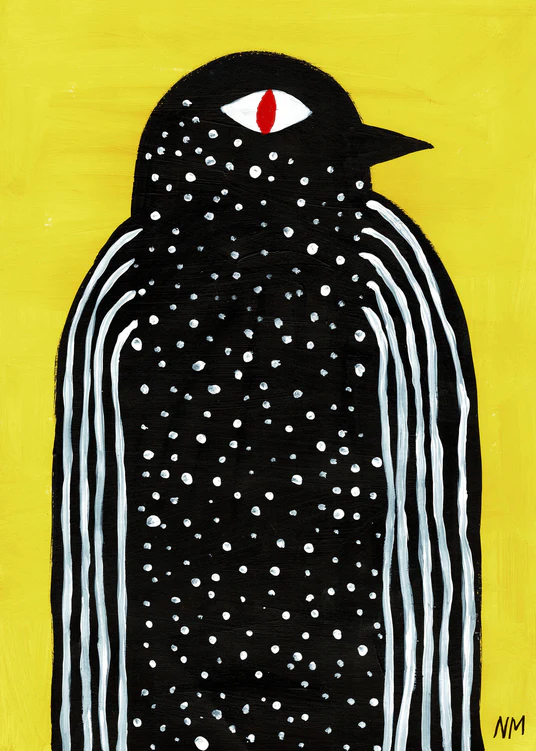 poster with a painted black bird on a yellow background