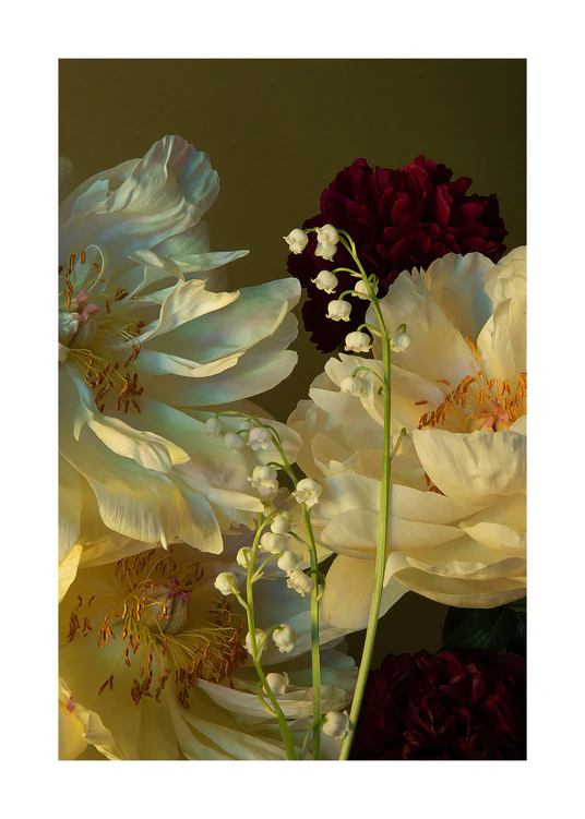 The Peony & Lily of the Valley Poster showcases a still life close-up of white lilies nestled among lush yellow and deep burgundy peonies, with their delicate petals contrasting against a muted green background, enhancing the flowers vibrant colors.