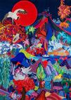This painting shows a bubbling volcano next to a Japanese red-crowned crane, with birds, plants, water inlets, and fish below. Jean's collage-style blends countryside and jungle fauna and flora, with bays and beaches, resembling a tropical island. Many viewers say it looks like an island they'd love to visit, with its exotic beauty, vibrant colors, inviting waves, and cool birds.
