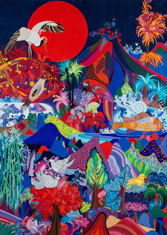 This painting shows a bubbling volcano next to a Japanese red-crowned crane, with birds, plants, water inlets, and fish below. Jean's collage-style blends countryside and jungle fauna and flora, with bays and beaches, resembling a tropical island. Many viewers say it looks like an island they'd love to visit, with its exotic beauty, vibrant colors, inviting waves, and cool birds.