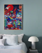 A blue bedroom with a bed featuring white and blue sheets. Above the bed hangs a poster in an oak frame. The poster features a bubbling volcano next to a Japanese red-crowned crane, with birds, plants, water inlets, and fish below. The artwork, in a collage style, blends countryside and jungle fauna and flora, with bays and beaches, resembling a tropical island. Many viewers say it looks like an island they'd love to visit, with its exotic beauty, vibrant colors, inviting waves, and cool birds.