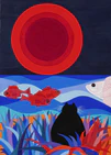 Inspired by a 1993 Sri Lanka trip, this artwork shows a cat on a beach looking at the moon. It features vibrant blue hues, red fish, grasses, and a large moon, with a graphic design style like a silk screen print. Jean added a touch of humor, saying, "It looks like the cat is watching his dinner."