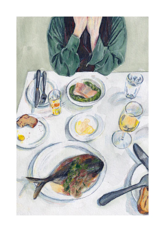 Gouache painting with colored pencil details portraying a delightful lunch scene. The lunch table is adorned with bread, fish, water, and wine. A person is seated on the other side of the table. With white border.