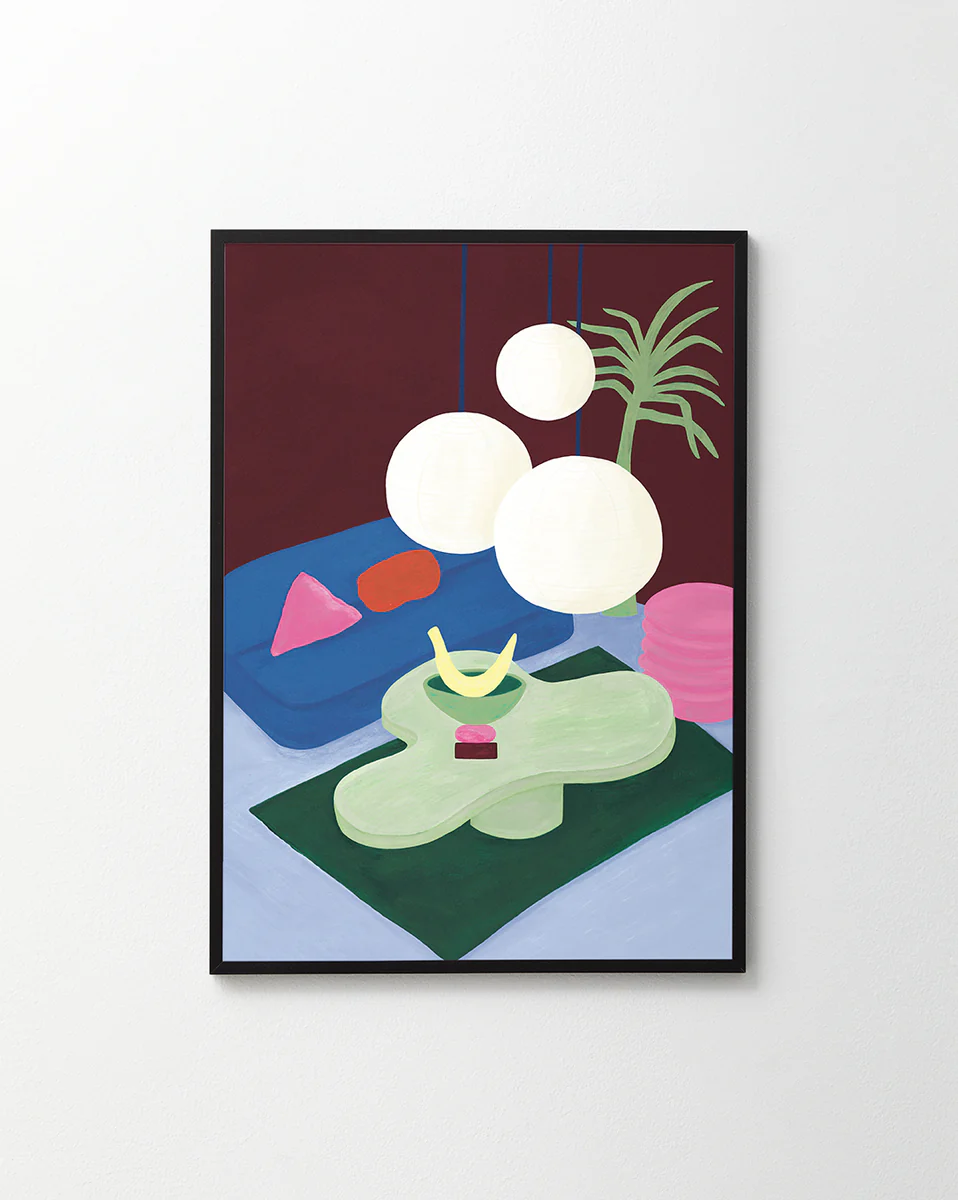 The Colourful Living 01 Poster is a modern illustration showcasing geometric shapes and earthy tones. Featuring three large white circles like hanging lamps, a green irregular shape, a pink cylinder, blue triangle for contrast, and a stylized palm tree in the background—ideal for contemporary decor.