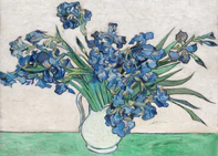 Painting of blue irises in a white pitcher on a table.