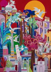 This painting is a collage of Italian cities with seagulls, trees, and flowers. The lower left represents Bologna, the lower right is Assisi, and the upper part is Rome. Jean, once aspiring to be an architect, often included architectural elements in her whimsical cityscapes, with slanted and lopsided buildings reflecting the topsy-turvy towns of Italy.