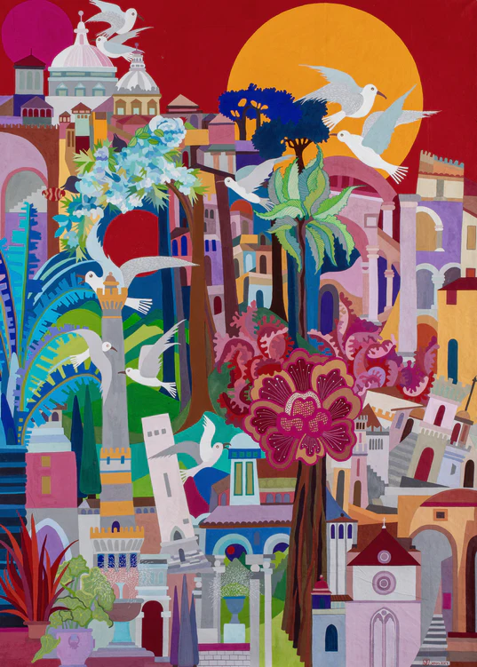 This painting is a collage of Italian cities with seagulls, trees, and flowers. The lower left represents Bologna, the lower right is Assisi, and the upper part is Rome. Jean, once aspiring to be an architect, often included architectural elements in her whimsical cityscapes, with slanted and lopsided buildings reflecting the topsy-turvy towns of Italy.