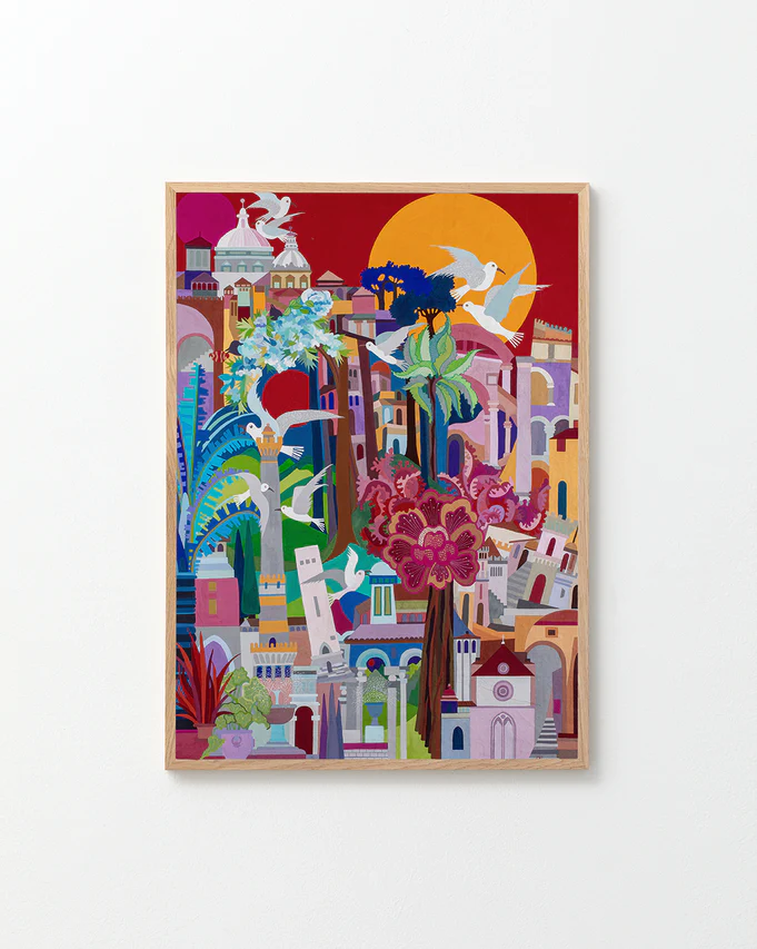 This painting is a collage of Italian cities with seagulls, trees, and flowers. The lower left represents Bologna, the lower right is Assisi, and the upper part is Rome. Jean, once aspiring to be an architect, often included architectural elements in her whimsical cityscapes, with slanted and lopsided buildings reflecting the topsy-turvy towns of Italy. Framed in oak on a white wall