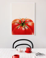 Poster "Tomato Close Up" in a white frame above a breakfast table