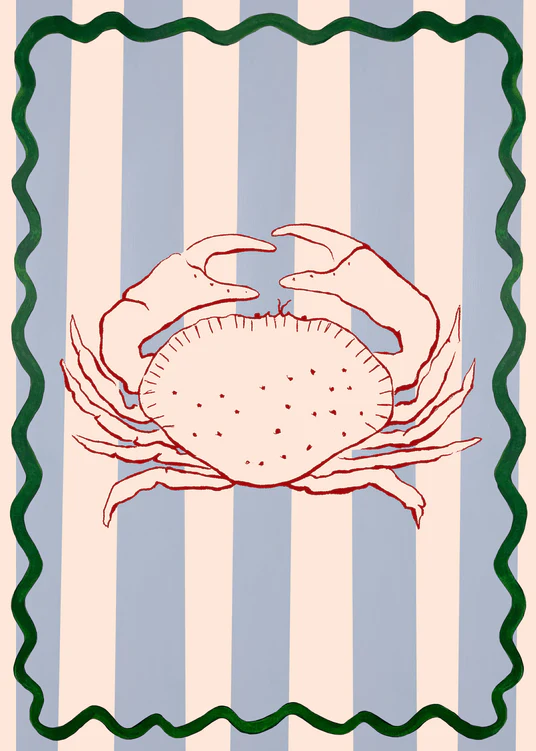 The Le Crabe Poster features a vibrant red crab on vertical blue and beige stripes, bordered by a green wavy line, capturing the nautical and coastal lifestyle with abstract elegance in a simple yet bold design.