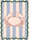 The Le Crabe Poster exhibits a vivid red crab at its center against vertical blue and cream stripes, capturing coastal vibes. A wavy green border adds an artistic flair to the design.
