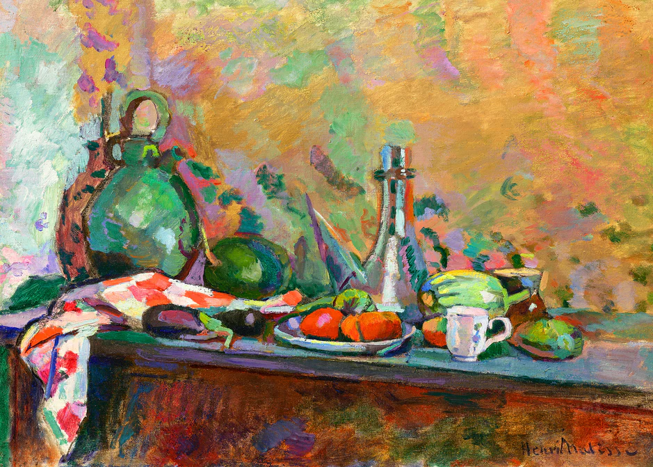 Colorful still life painting with fruits, vegetables, and a teapot on a table.
