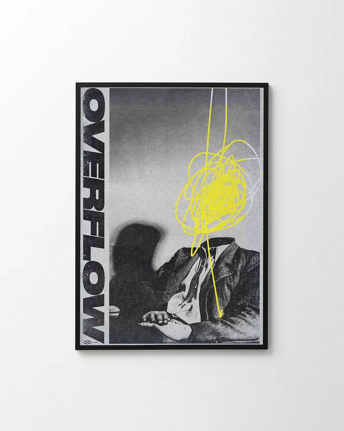 The Overflow Poster by Meinhard Taxer presents a grayscale image of a seated figure with their face obscured by an abstract yellow scribble. The word OVERFLOW is vertically aligned on the left, enhancing the depth and intrigue of this framed multimedia artwork.