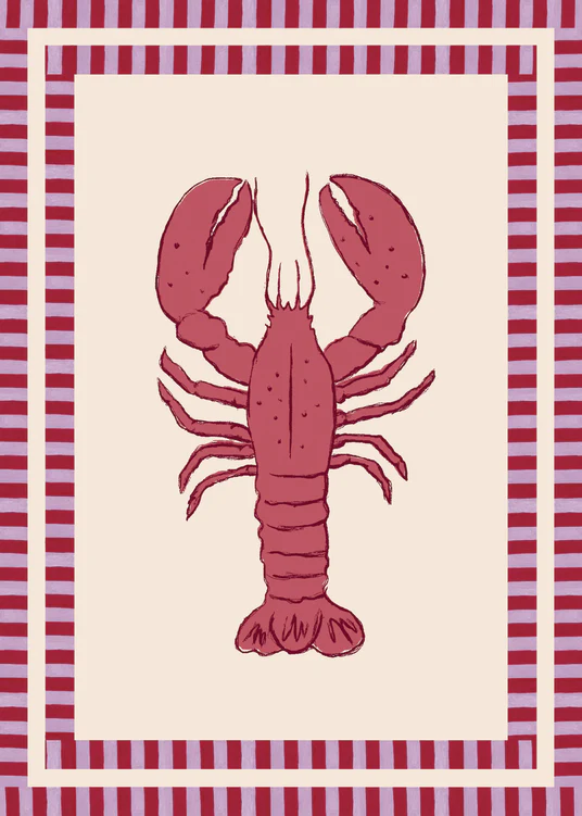 The Le Stripy Homard Poster showcases a red lobster on a cream background. It uses collage techniques for texture and features detailed claws and antennae framed by a red and purple striped border, adding symmetry to this unique artwork.