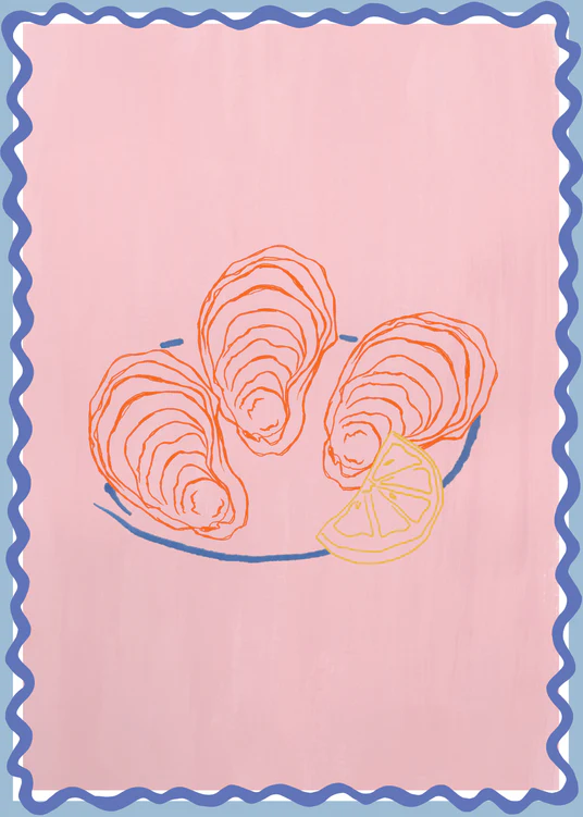 The Plateau dhuîtres Poster showcases a vibrant illustration of three oysters on a plate with a lemon slice against a pink background, framed by a wavy blue border. The unique collage technique adds depth and creativity to the artwork.