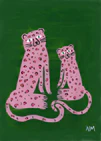 poster with two painted pink leopards against a green background