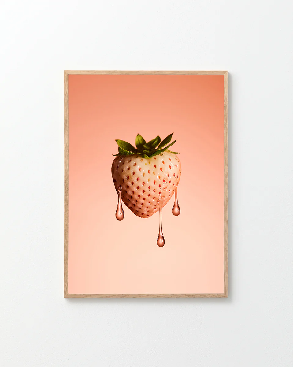 Poster "Strawberry White" in a oak frame against a white background