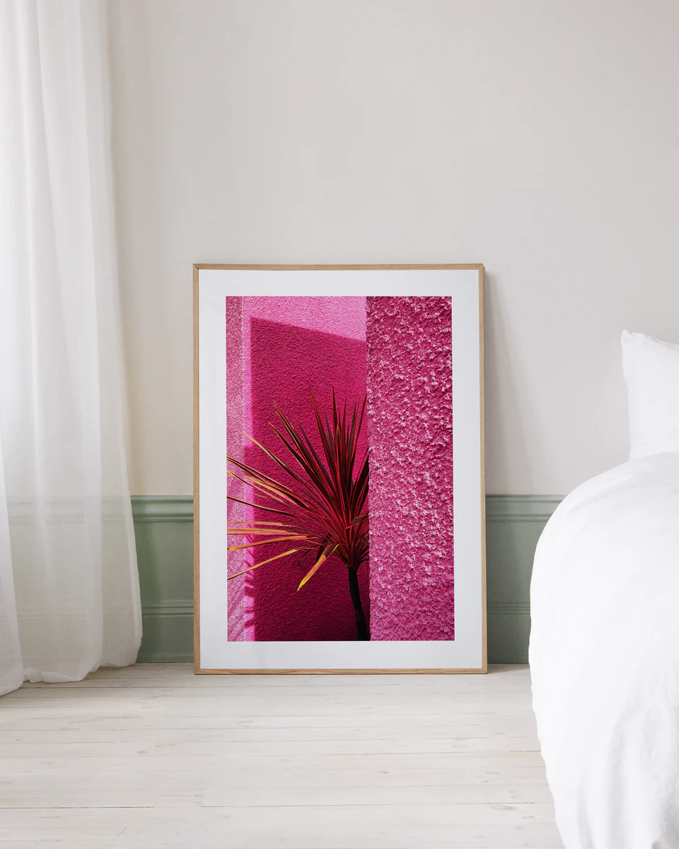 The Pink Wall in Santa Monica Poster features a vibrant pink abstract design recalling Santa Monica, with palm-like plants. It rests against a light wall next to a bed with white sheets and a transparent curtain, embodying the spirit of Californian landscape art.