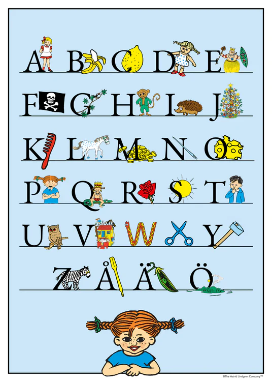 Pippi Longstocking alphabet poster featuring the full Swedish alphabet A–Ö with classic Pippi illustrations.