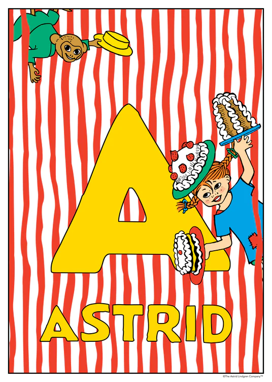 Pippi Longstocking juggles cakes around a large yellow A on a red‑and‑white striped background. Name: Astrid.