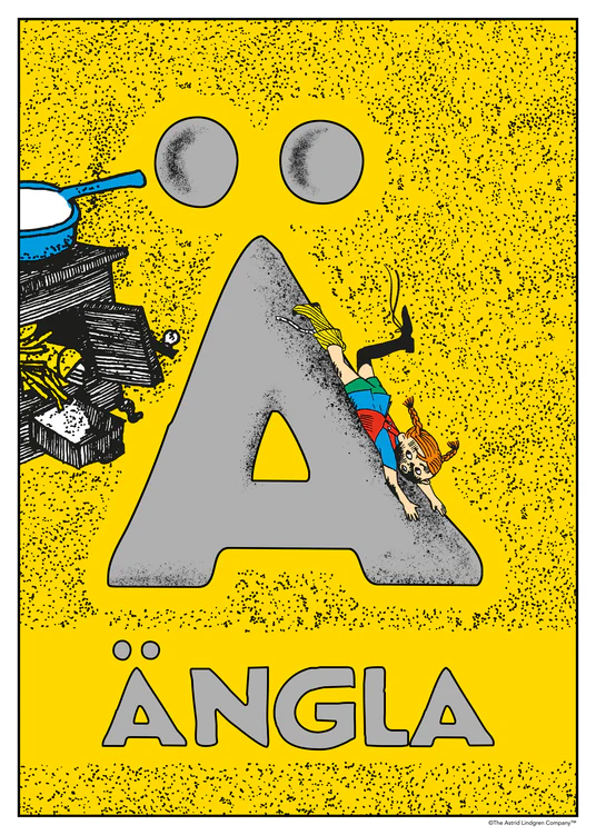 Pippi rolls down a giant stone‑textured Ä beside a cooking spot. Name: Ängla.