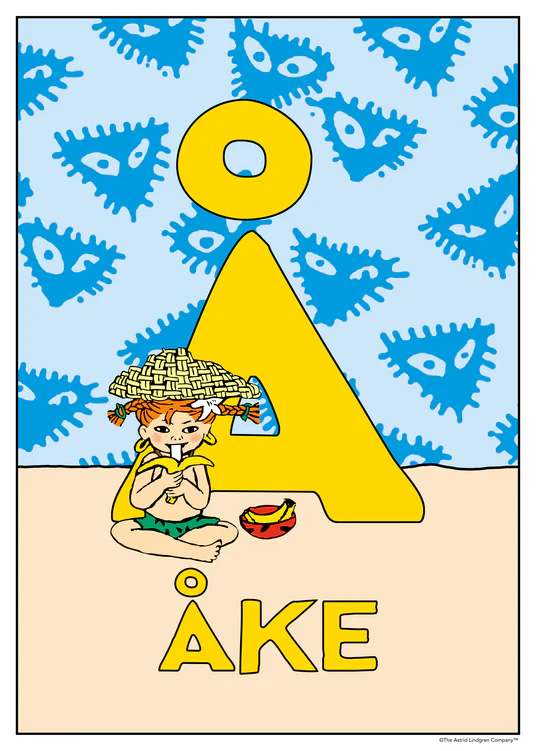 Pippi sits on the beach in front of a large yellow Å eating fruit. Name: Åke.