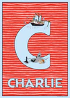 Pippi sails and wrestles a shark around a giant light‑blue C. Name: Charlie.