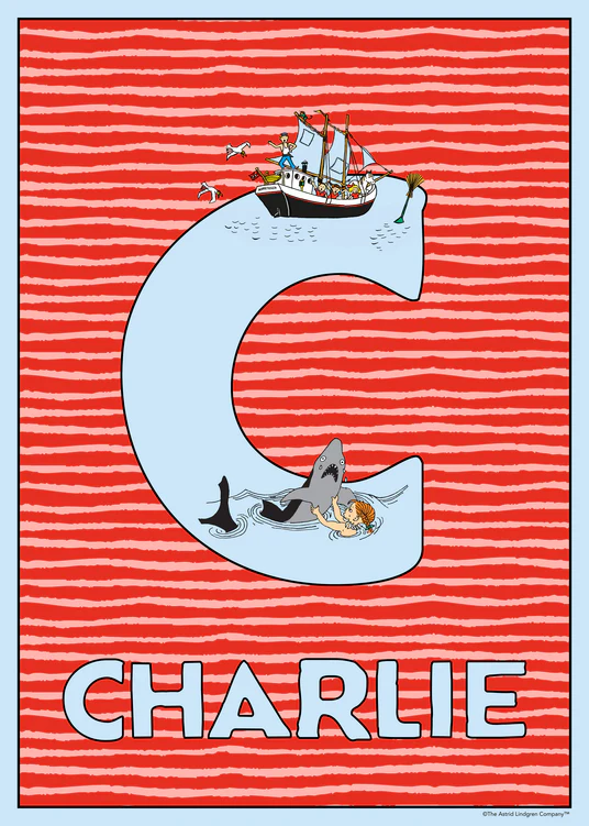 Pippi sails and wrestles a shark around a giant light‑blue C. Name: Charlie.