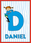 Pippi climbs playfully on a large blue D against a blue‑and‑white background. Name: Daniel. 