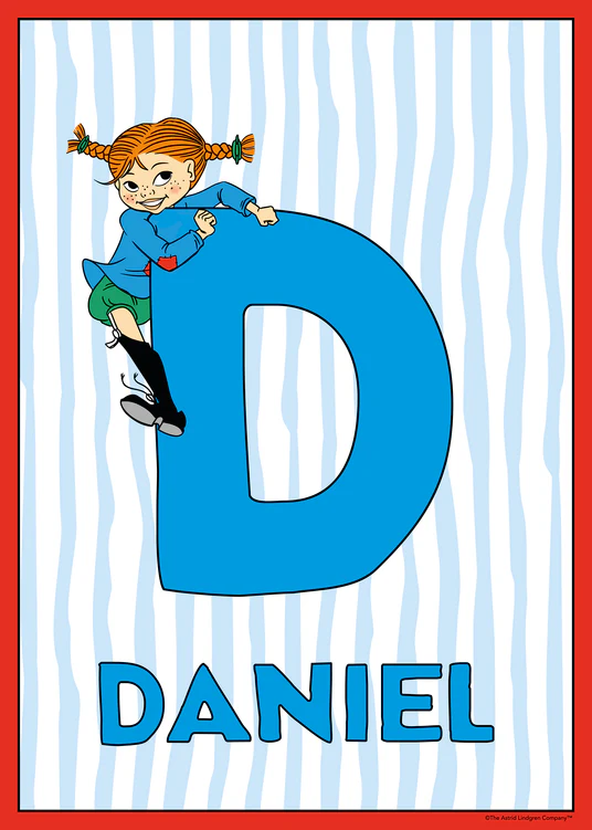 Pippi climbs playfully on a large blue D against a blue‑and‑white background. Name: Daniel. 