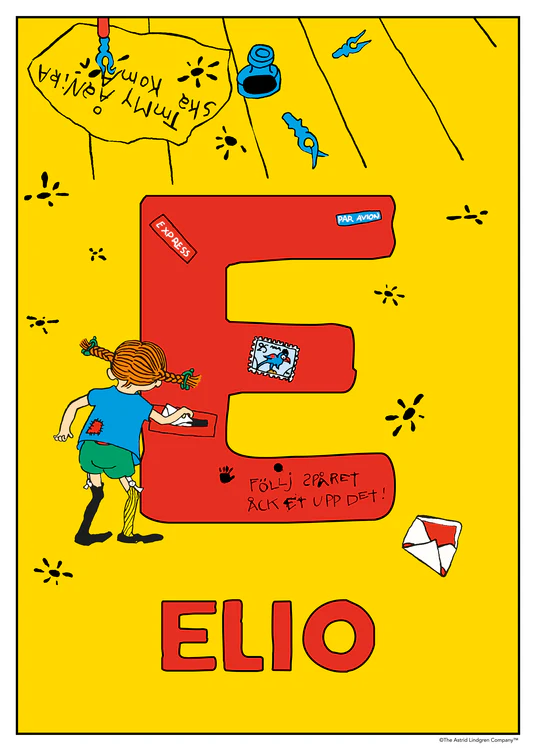 Pippi writes and sticks stamps onto a big red E on a yellow floor. Name: Elio.