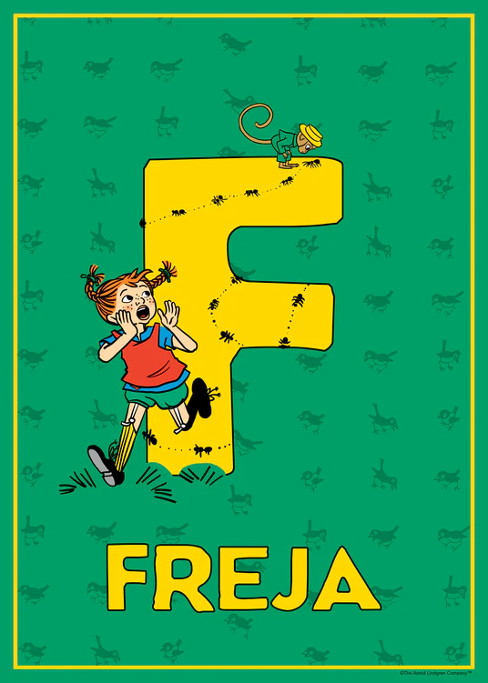 Pippi chases ants marching across a large yellow F. Name: Freja. 