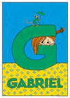 Pippi hides inside a big green G while Mr. Nilsson holds an umbrella in the rain. Name: Gabriel.