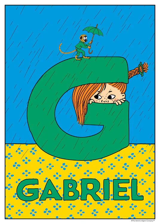 Pippi hides inside a big green G while Mr. Nilsson holds an umbrella in the rain. Name: Gabriel.