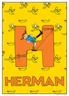 Pippi slides down a large orange H surrounded by banana peels. Name: Herman. 