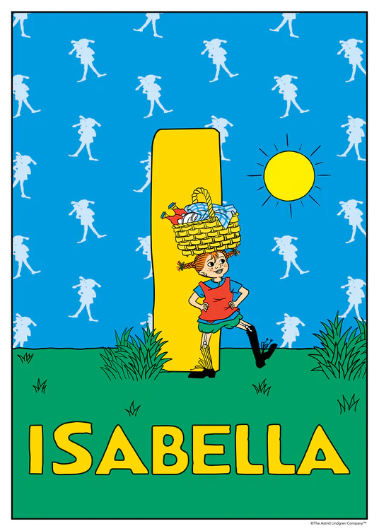 Pippi stands confidently in front of a large yellow I with a basket on her head. Name: Isabella.