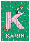 Pippi sits drinking from a pot atop a large pink K surrounded by treats. Name: Karin. 