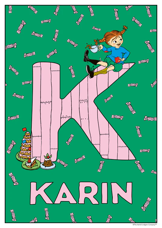 Pippi sits drinking from a pot atop a large pink K surrounded by treats. Name: Karin. 