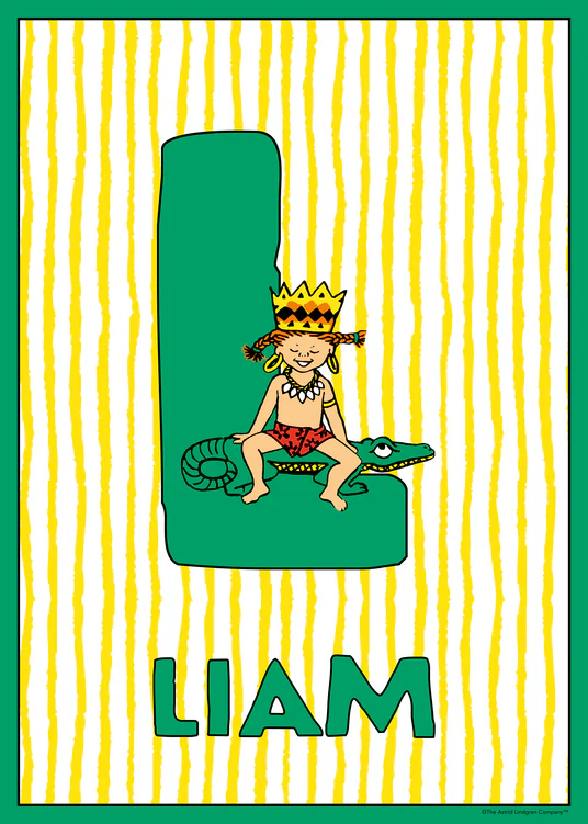 Pippi sits like royalty on top of a big green L together with a crocodile. Name: Liam. 